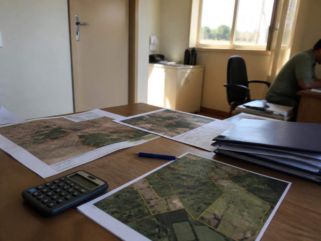 Mapas impressos e documentos de imóvel rural sobre a mesa do escritório