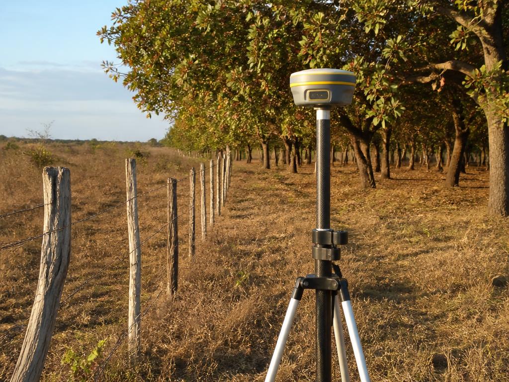 Receptor GNSS RTK sobre tripé na divisa de uma propriedade rural
