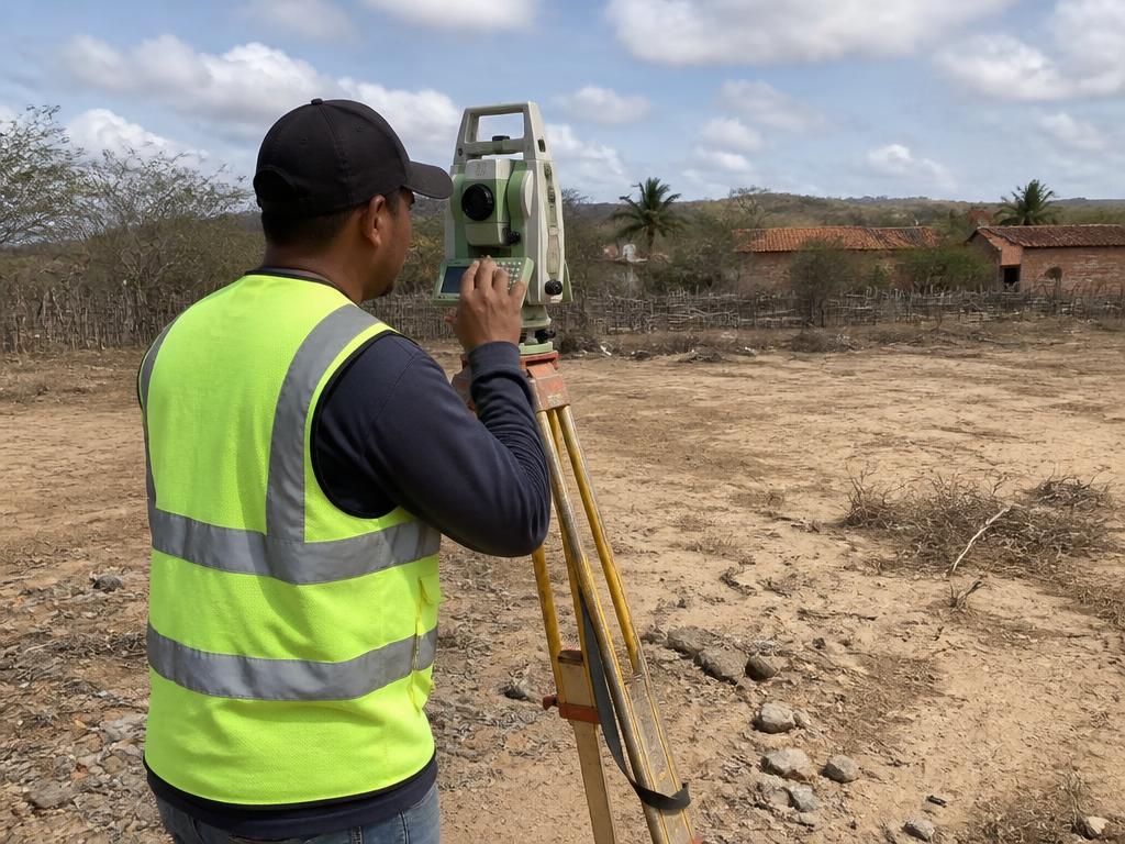 Topógrafo operando estação total em terreno para levantamento cadastral